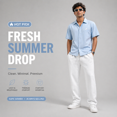 Man wearing a light blue shirt and white pants on a gray background with promotional text.