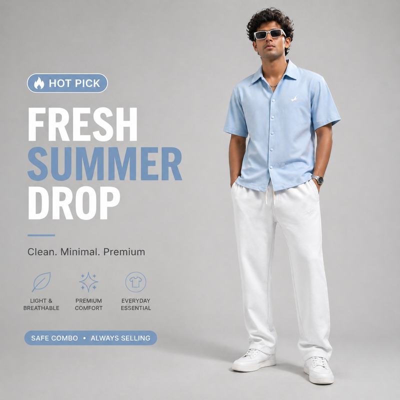 Man wearing a light blue shirt and white pants on a gray background with promotional text.