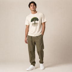 Man wearing a white t-shirt with a tree design and green pants on a beige background