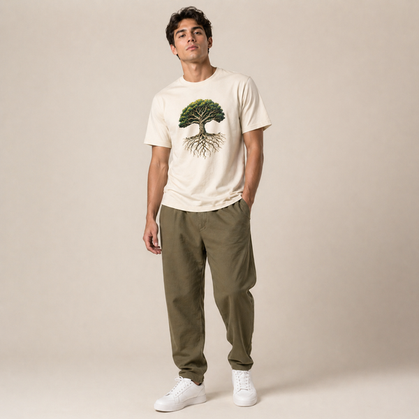 Man wearing a white t-shirt with a tree design and green pants on a beige background