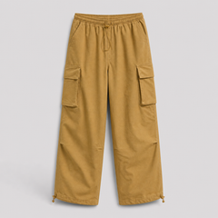 Mustard yellow cargo pants on a light gray background