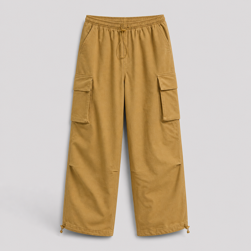 Mustard yellow cargo pants on a light gray background