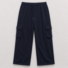 Navy blue cargo pants on a light gray background