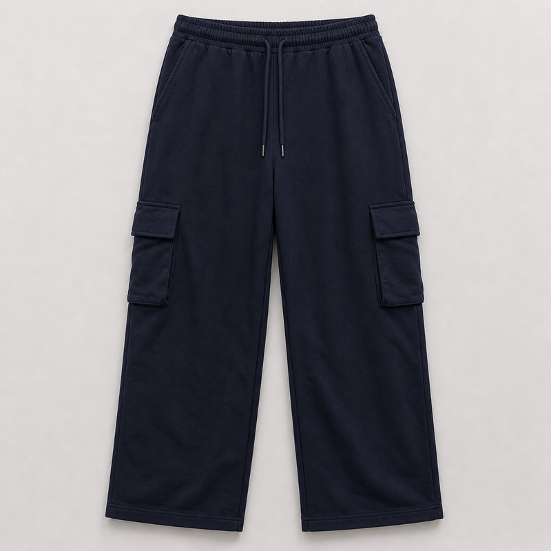 Navy blue cargo pants on a light gray background