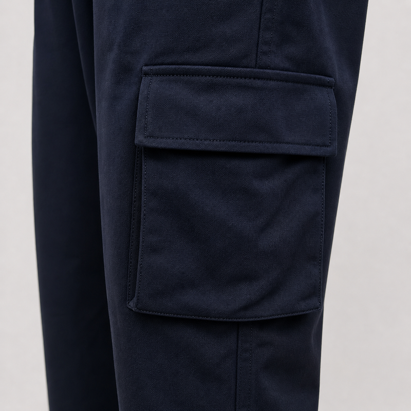 Navy blue cargo pants with a pocket on a light gray background