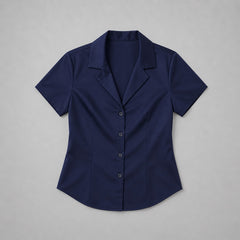 Navy blue short-sleeve blouse on a gray background