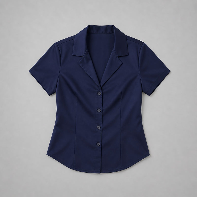 Navy blue short-sleeve blouse on a gray background