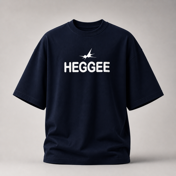 Navy blue t-shirt with 'HEGGEE' printed on it against a gray background