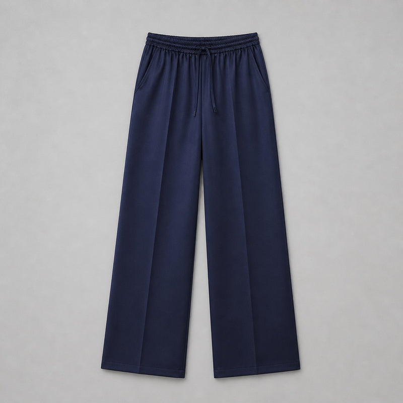 Navy blue wide-leg pants on a gray background