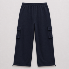 Navy cargo pants on a light gray background