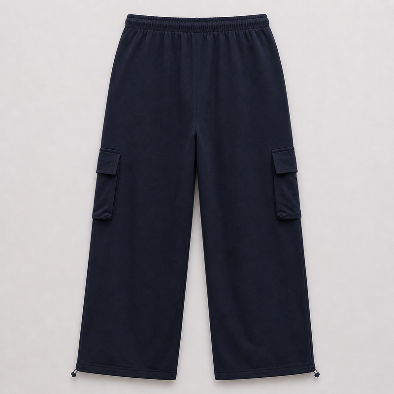 Navy cargo pants on a light gray background