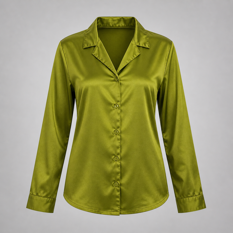 Olive Green satin shirt on a gray background