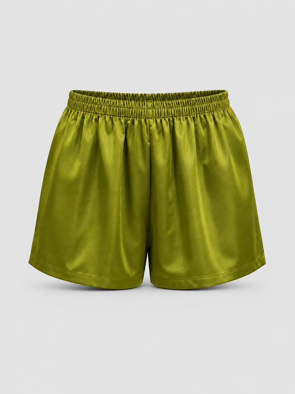 Olive green satin shorts with an elastic waistband, shown against a light gray background.