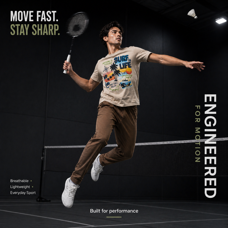 Person playing badminton on a court with promotional text and branding.