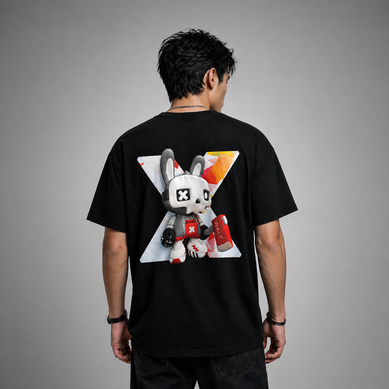 Person wearing a black t-shirt with a graphic design on the back against a gray background