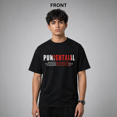 Person wearing a black t-shirt with text on a gray background
