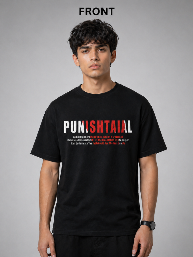 Person wearing a black t-shirt with text on a gray background