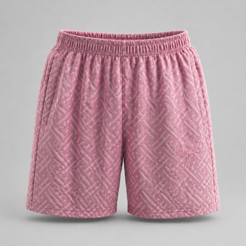 Pink textured shorts on a gray background