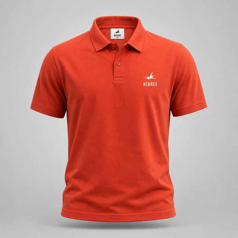 Rust Orange POLO shirt with HEGGEE logo on a gray background
