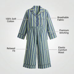 Striped jumpsuit with text labels on a white background