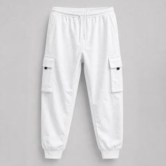 White cargo jogger pants on a gray background