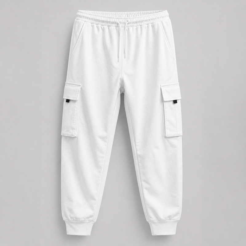 White cargo jogger pants on a gray background