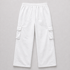White cargo pants on a gray background