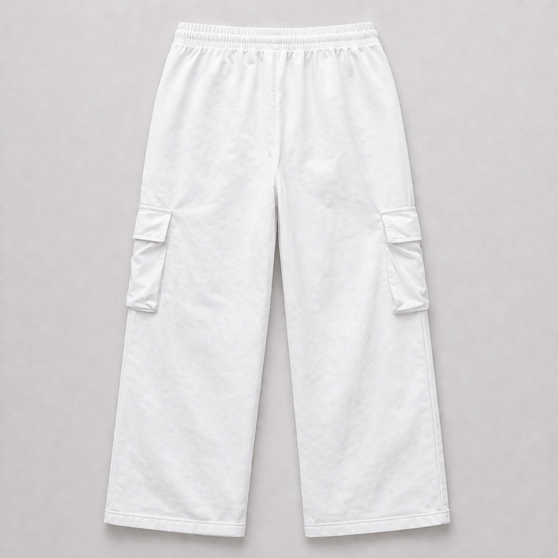 White cargo pants on a gray background