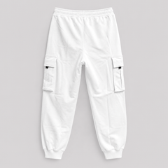 White cargo pants on a grey background
