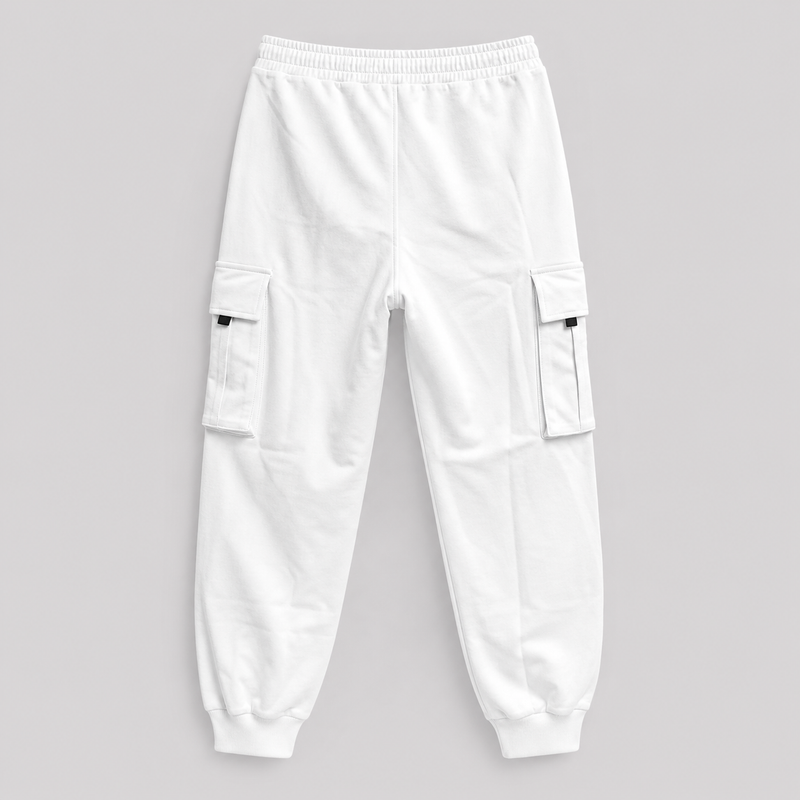 White cargo pants on a grey background