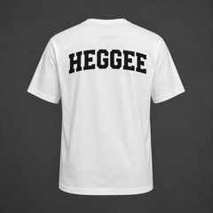 White t-shirt with 'HEGGEE' printed on the back against a dark background