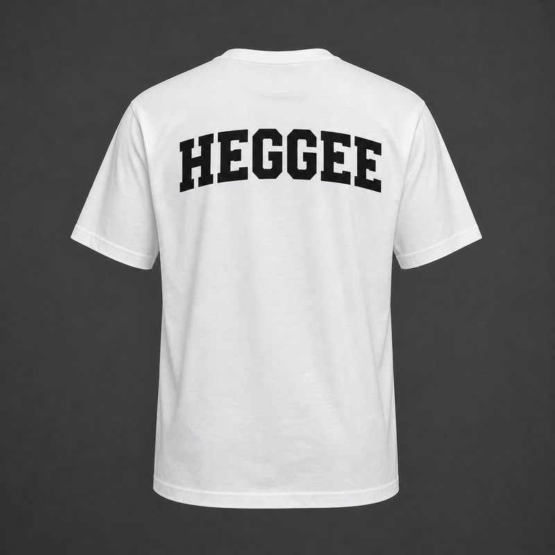 White t-shirt with 'HEGGEE' printed on the back against a dark background