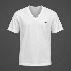 White t-shirt with a small logo on a dark gray background