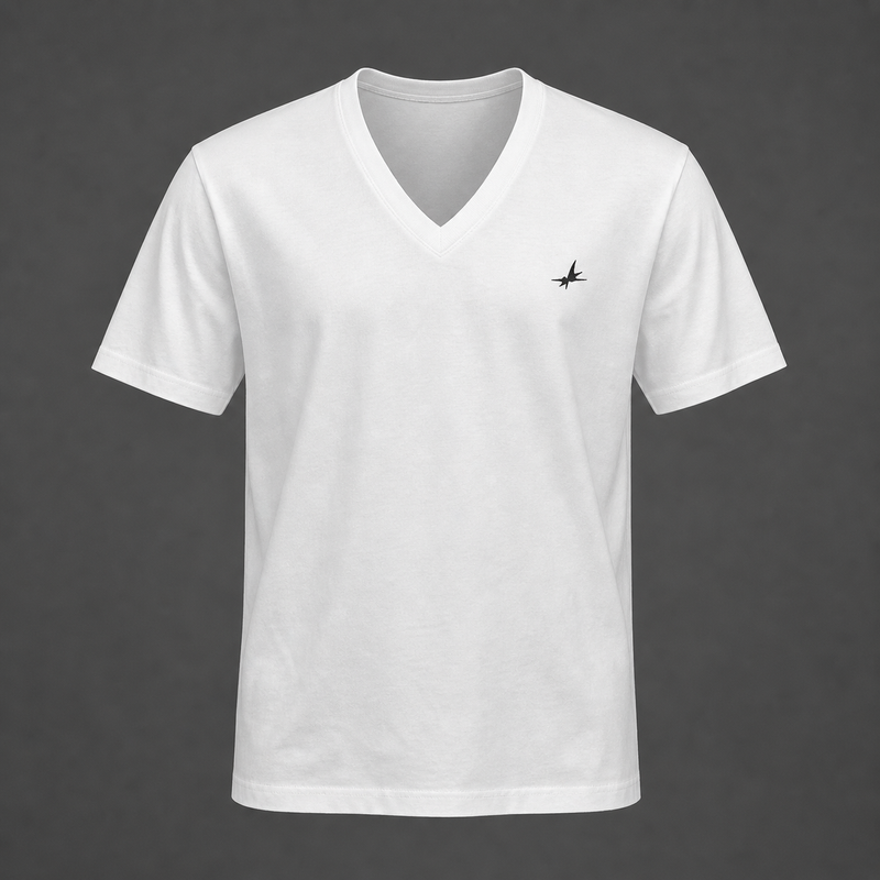 White t-shirt with a small logo on a dark gray background