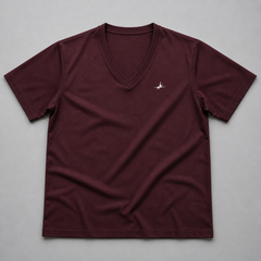 Wine V Neck t-shirt  with brand logo on a gray background