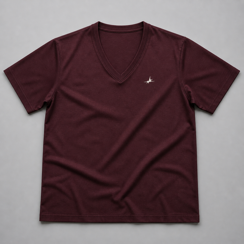 Wine V Neck t-shirt  with brand logo on a gray background