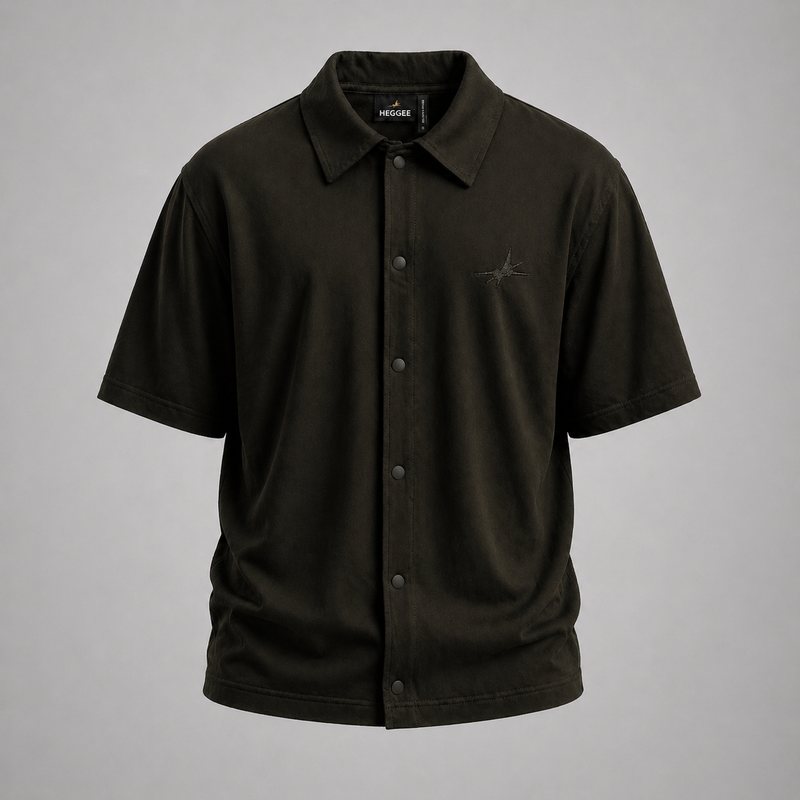 dark olive short-sleeve shirt on a gray background