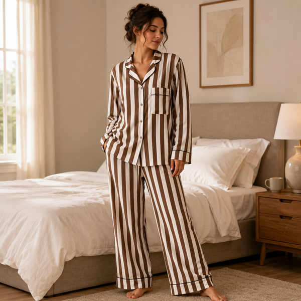 woman wearing a brown and white stripped night suit 
